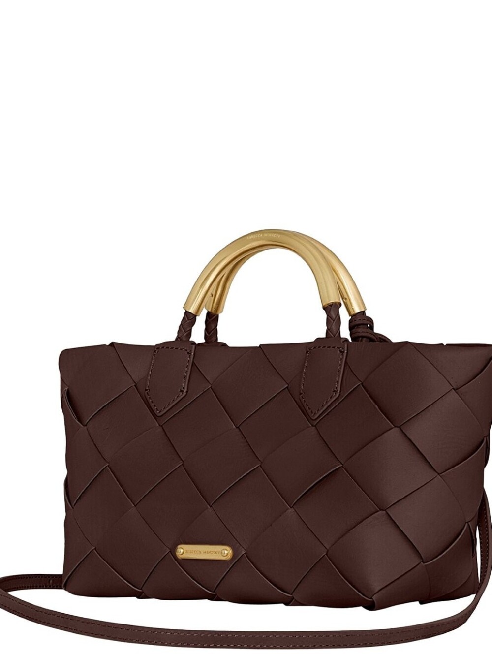 Rebecca Minkoff Frankie Woven Mini Leather Tote Dark Brown NWT